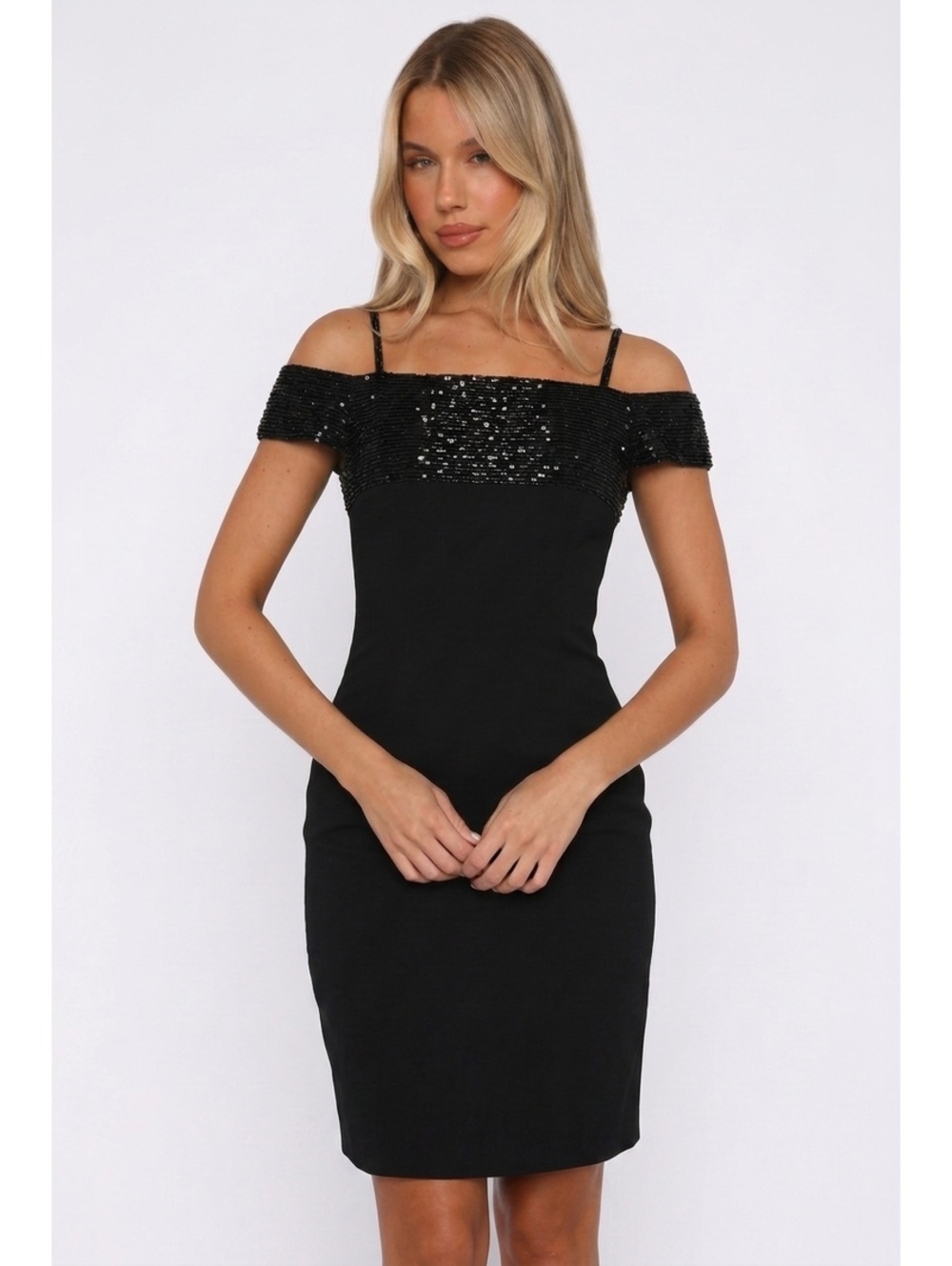 Vintage Y2K Rimini by Shaw Black Sequin Off Shoulder Mini Dress Size 4